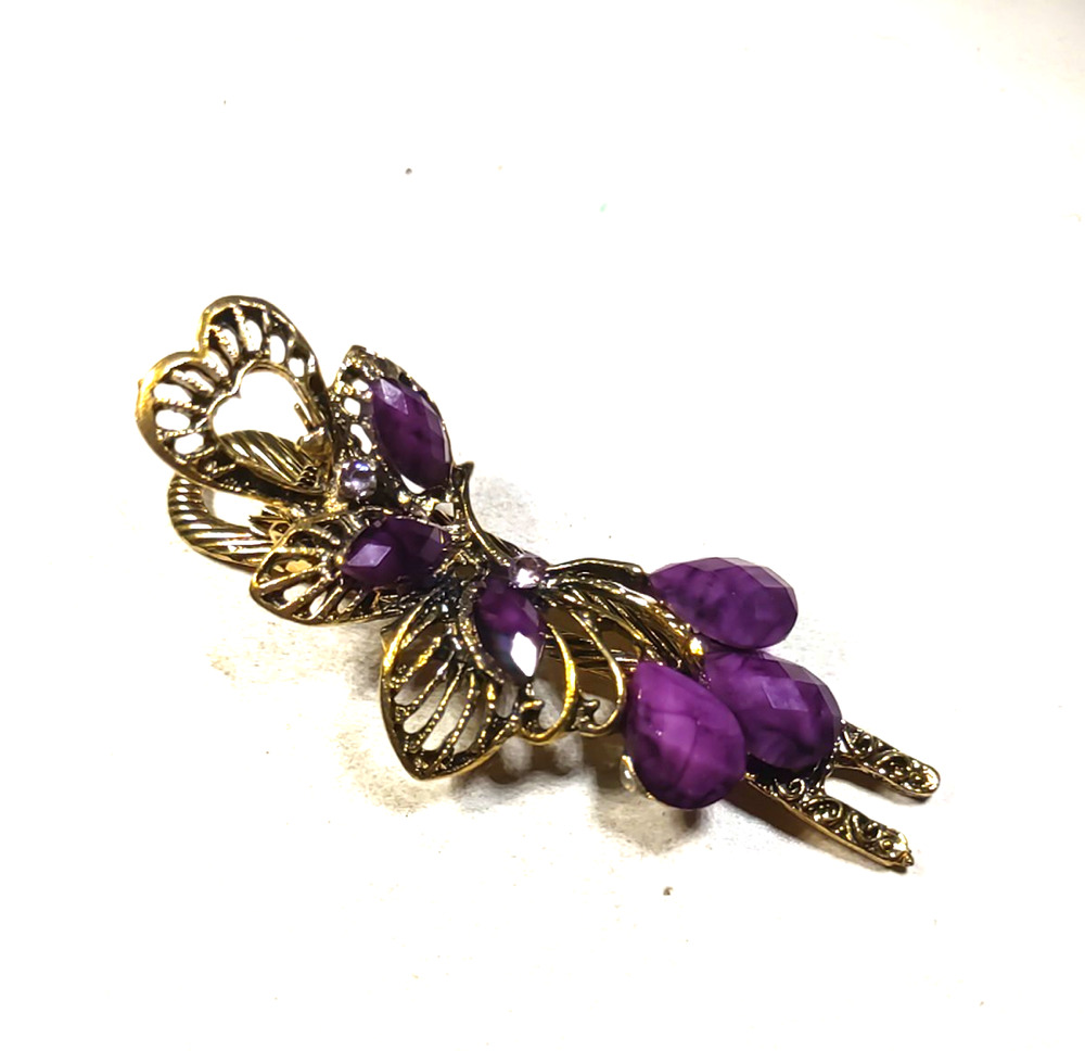 Gold Tone hair Barrette Clip Purple Rhinestone Elegant Updo Bun Accessory